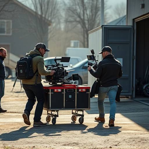 Logistikteam bei der Organisation und dem Transport von Filmequipment zu einem Drehort.