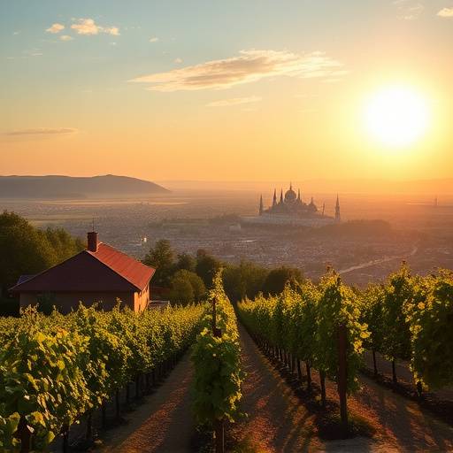 Malerisches Weingut in den Weinbergen mit Blick auf Wien