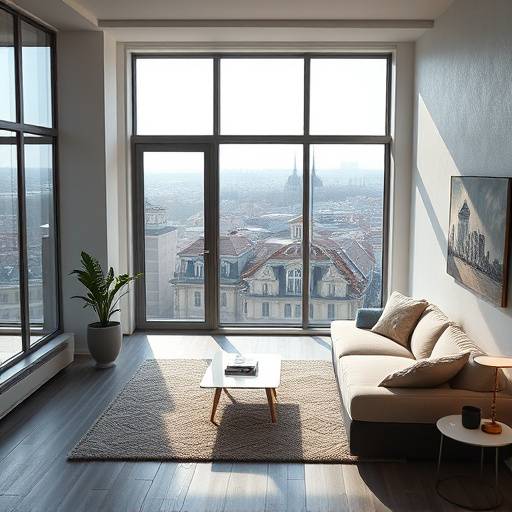 Minimalistisch eingerichtete Loft-Wohnung mit großen Fenstern und Blick über Wien