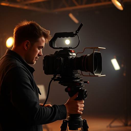 Techniker bei der Vorbereitung von Filmaufnahmen mit professionellem Equipment.